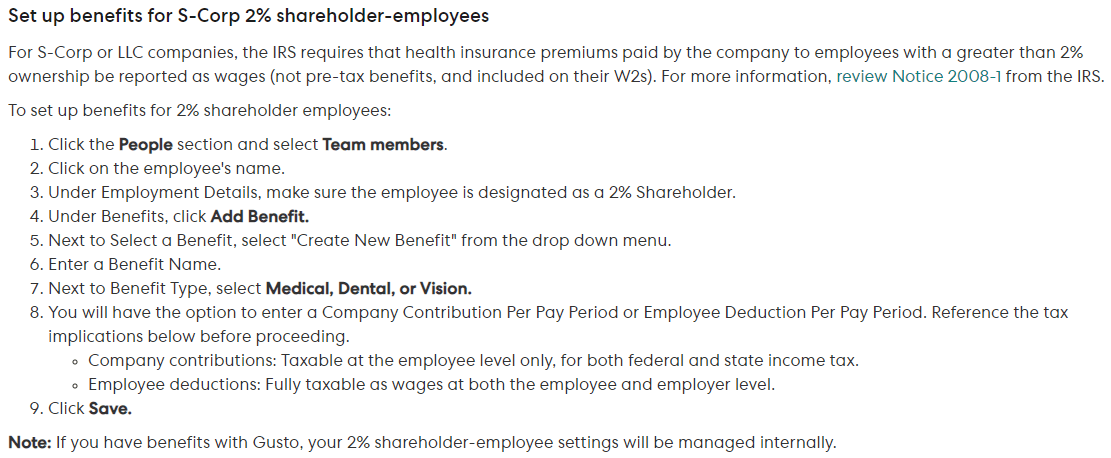 gusto s corp medical insurance premiums w2