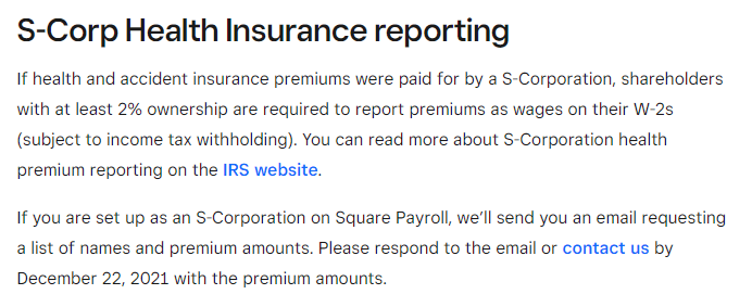square payroll s corp medical insurance premiums w2
