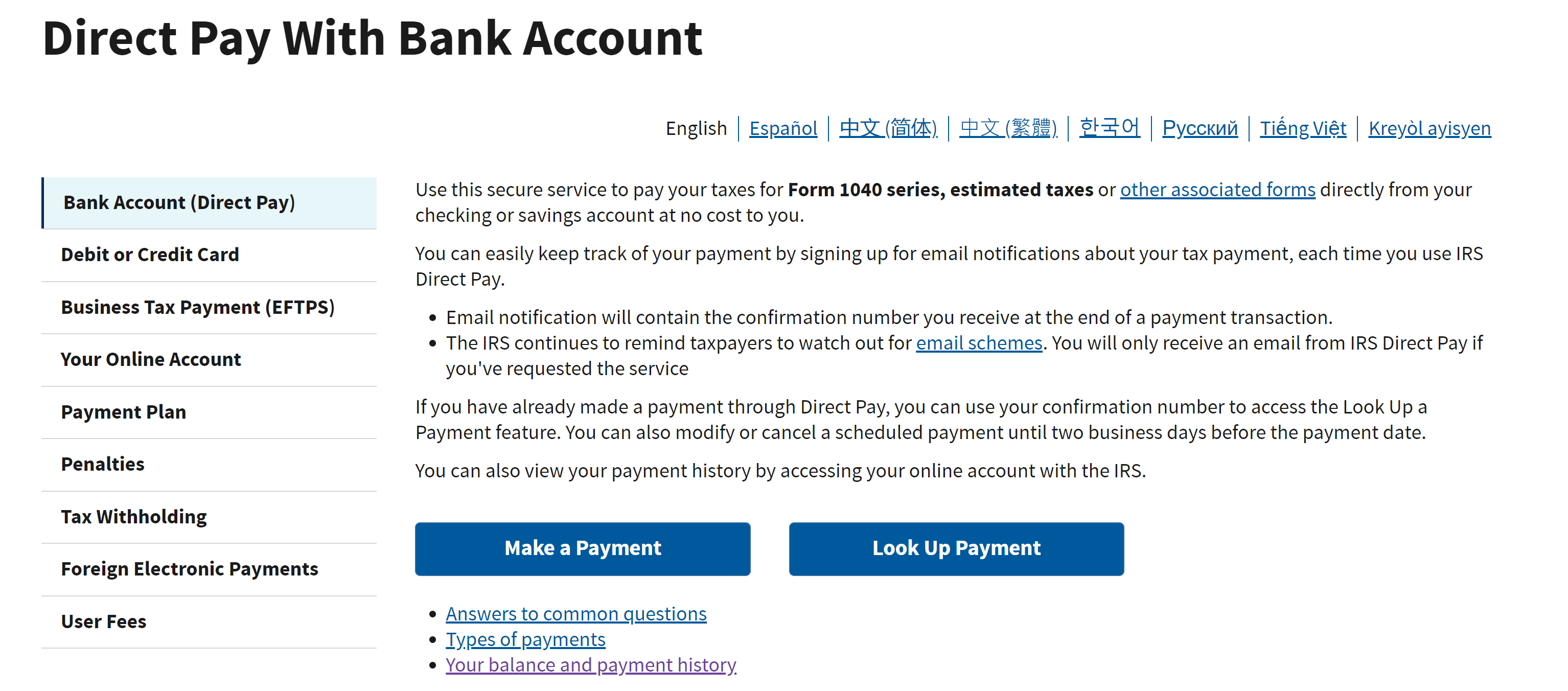 irs direct pay with bank account screenshot