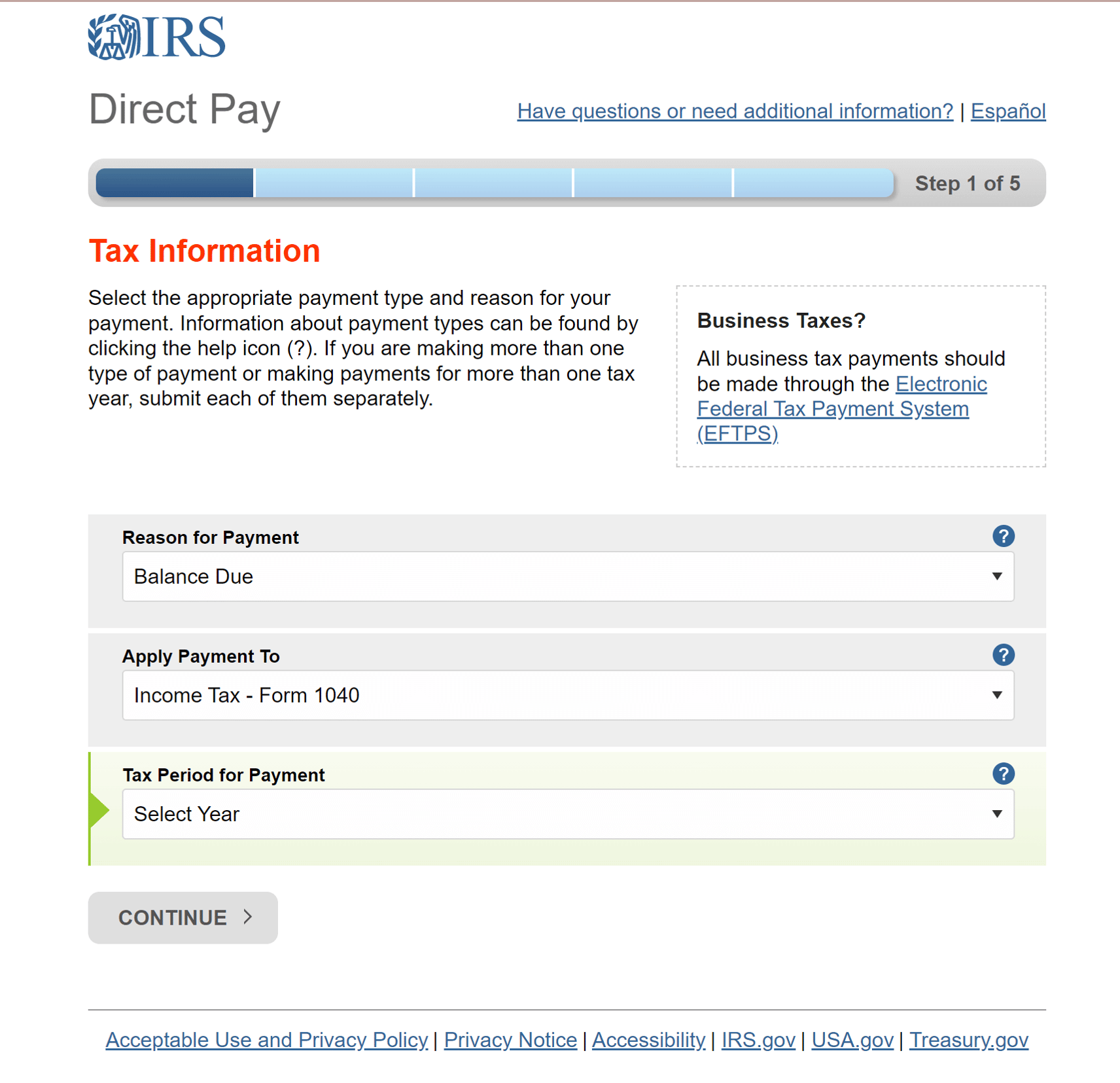 direct pay tax information screenshot