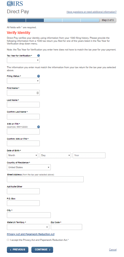 direct pay identity verification screenshot