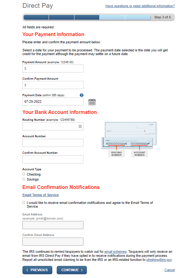 direct pay payment information screenshot